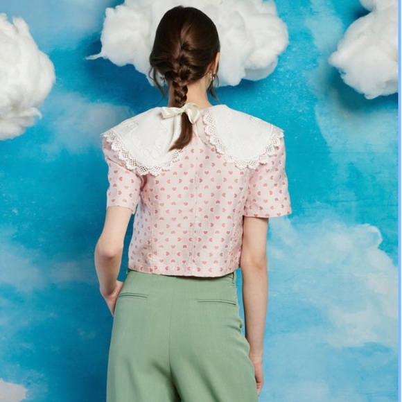 Sister Jane Heart Print Collared Top on Pink Sz XS NEW - Picture 2 of 8